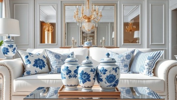 February home decor ideas featuring blue and white ceramics and floral pillows.