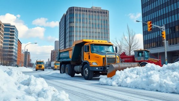Dump truck and bulldozer clearing snow highlighting tariffs impact on nonresidential construction costs.