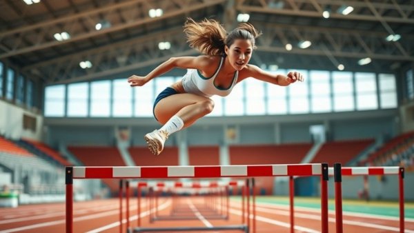 Focused athlete overcoming hurdles in indoor track setting. Athlete comeback story.