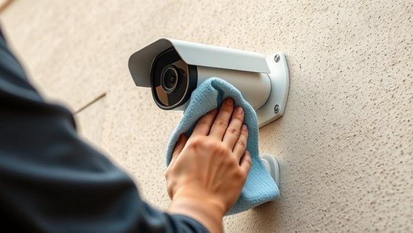 Person cleaning a security camera on a wall, related to 'Why Your Security Alarm Keeps Going Off'.