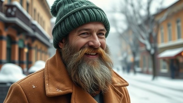 Man smiling in a snowy environment, wearing a green hat.