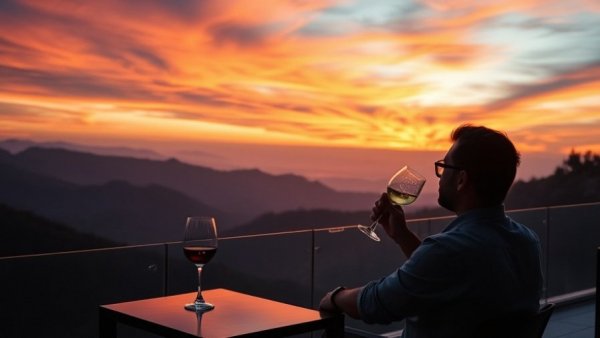 Silhouette of person enjoying wine at sunset on modern luxury terrace.