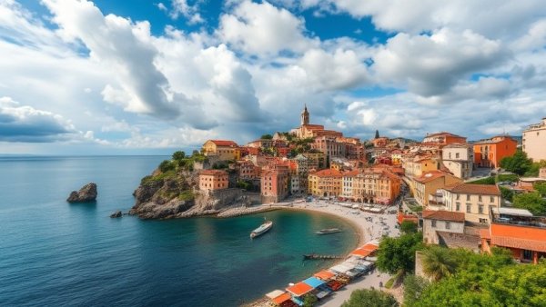 Charming European coastal view for retirement, vibrant village.