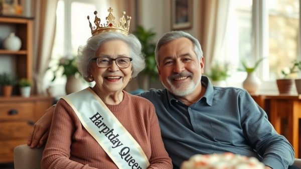 Aunt Frances 100th Birthday celebration with a crowned elderly woman and a smiling man in a cozy home.