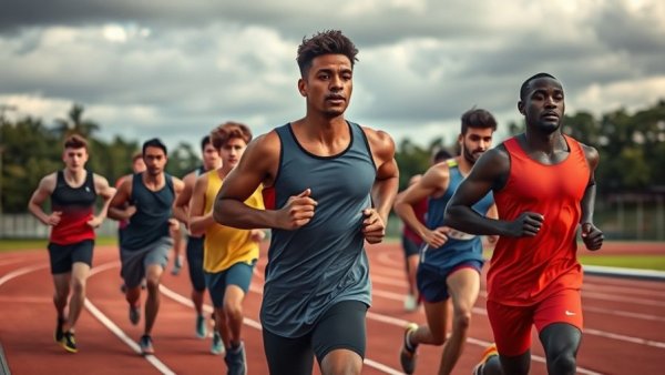 Diverse athletes in track season training overview, jogging on track.