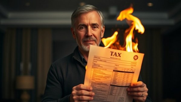 Man holding burning tax document, moving to low-tax states concept.