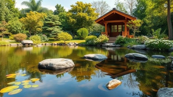 Scenic spring pond opening with lush greenery and stones.