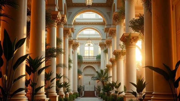 Stylish entrance of modern luxury mansion with columns in Chiang Mai.