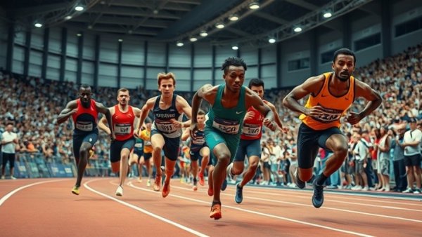 Athletes sprinting in indoor race, intense finish line moment, Cole Hocker Millrose Win.