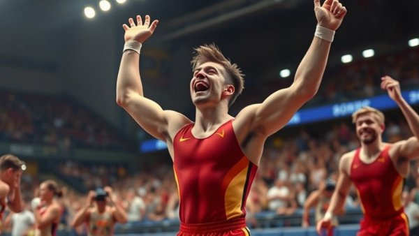 Excited gymnast celebrates during 2026 NCAA gymnastics results announcement.