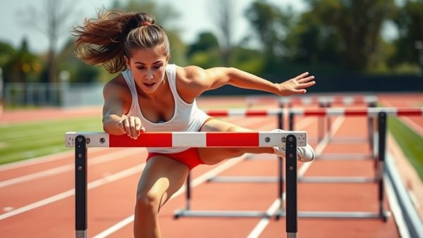 Graceful female hurdler clears hurdle, mental game in hurdling performance.