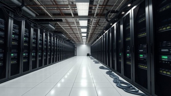 Modern data center with extensive cabling and tech setup.