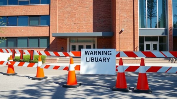 Johns Hopkins library renovation site with caution signs.