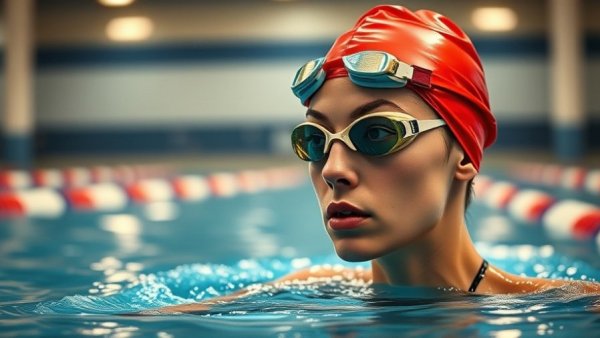 Angharad Evans in pool at Commonwealth Games, showing determination.