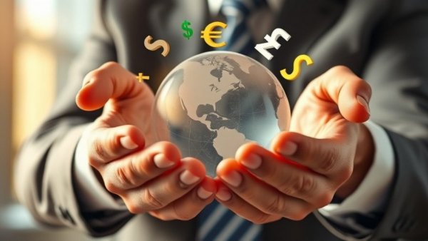 Businessman's hands with floating currency symbols, multi-currency finances.