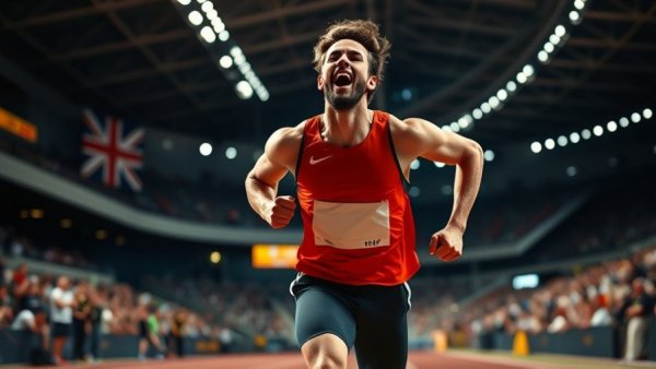 Athlete celebrating win at U20 World Record in 600m track event.