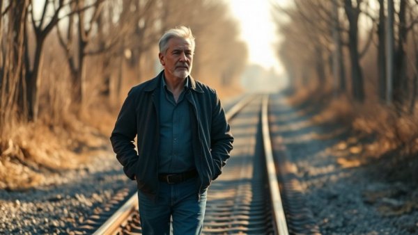 Mature man walking contemplatively on a track at sunrise.