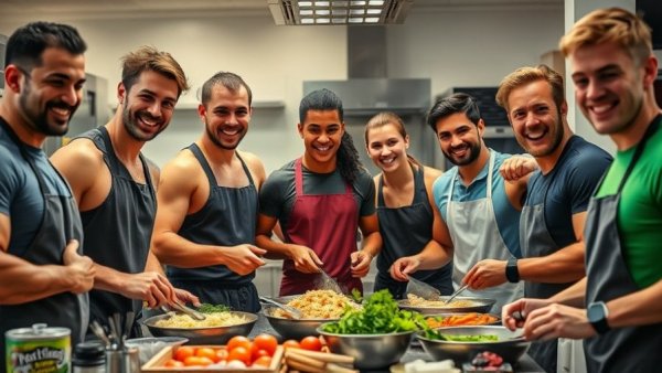Athletes preparing food, highlighting nutrition for athletes in lively kitchen.