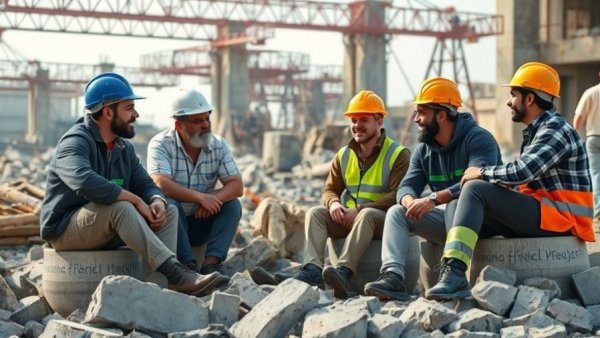 English upskilling program for construction workers in open discussion at a site.