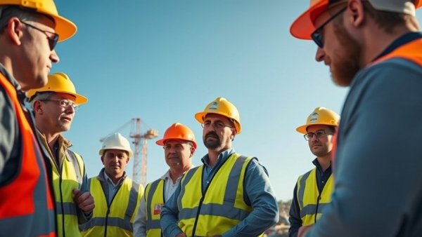 Construction workers in safety gear discussing English upskilling program.