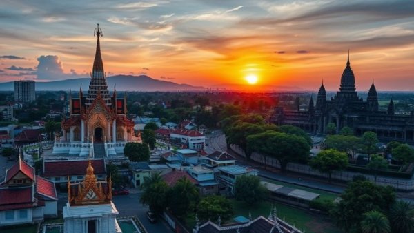 Scenic view of Wat Arun and Angkor Wat, Thailand vs Cambodia, at sunset.