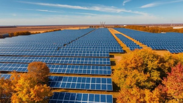 Aerial view of solar panels and autumn trees for Meta Solar Energy Purchase Agreement Zelestra.