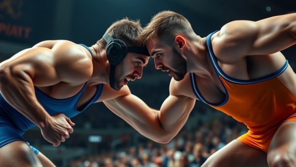 Exciting wrestling match, athlete in blue singlet, action-packed arena.