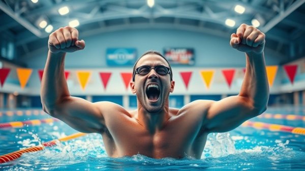 Filip Nowacki celebrates in pool at Loughborough, intense and victorious.