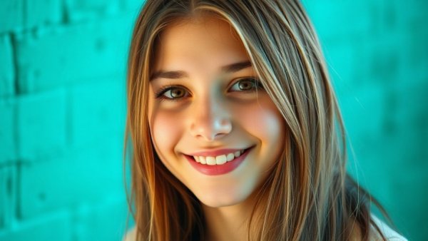 Young person smiling against a teal background, evoking 90s nostalgia.