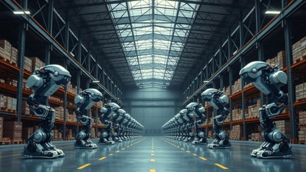 Warehouse robots operating in a modern facility amid Autodesk invests in QFlow.