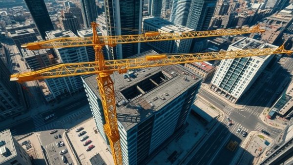 Stop Work Authority: aerial view of construction site with cranes and buildings.