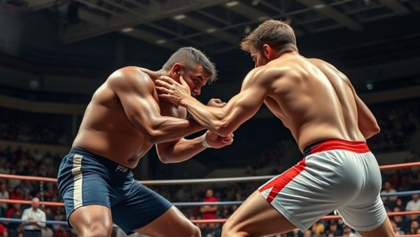 Hassan Yazdani during wrestling debut, intense match.