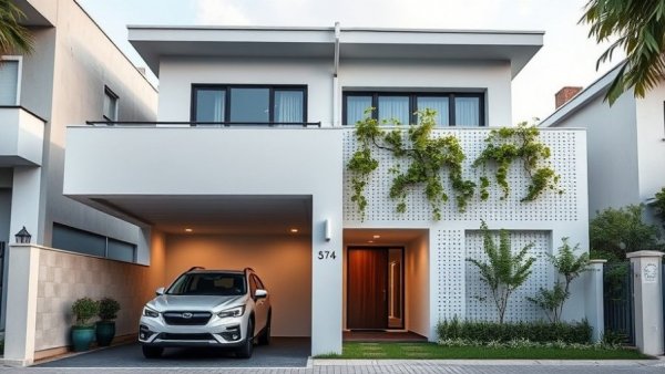 Modern terrace house design with an open garage and perforated wall.