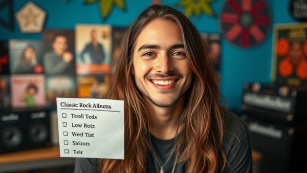 Person evaluating classic rock tier lists in a vibrant setting.
