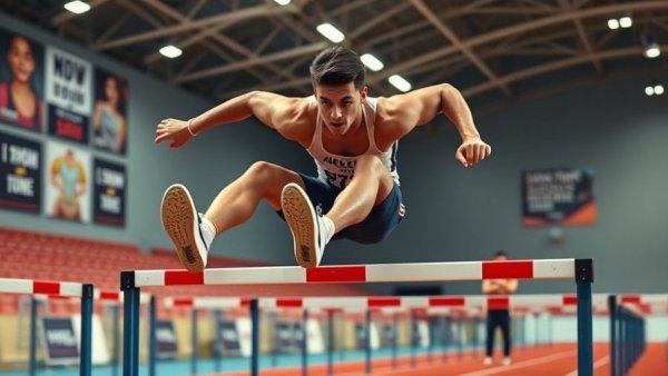 Hurdler losing speed after clearing hurdle in indoor track.