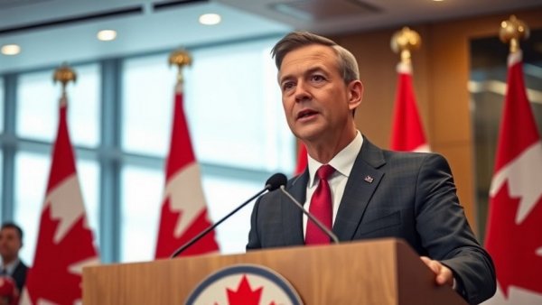 Canadian official at podium with flags discusses zero emission vehicle mandate.