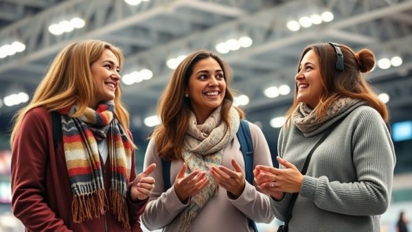 Three women discussing Winter Olympic sport in an arena.