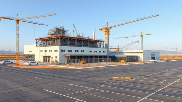North Dakota gas plant construction with modern industrial design and clear sky.
