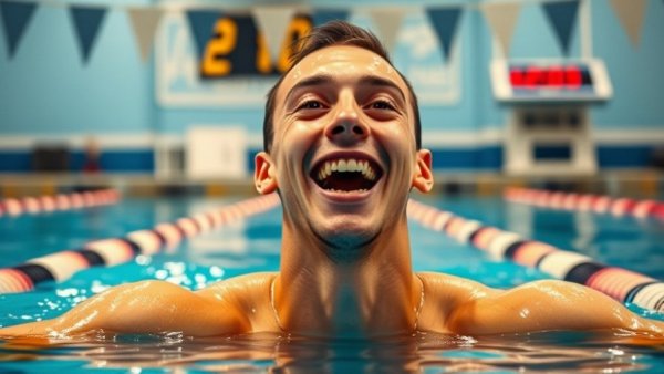 Top-10 Performances in Women's Swimming: Grateful swimmer celebrating in pool.