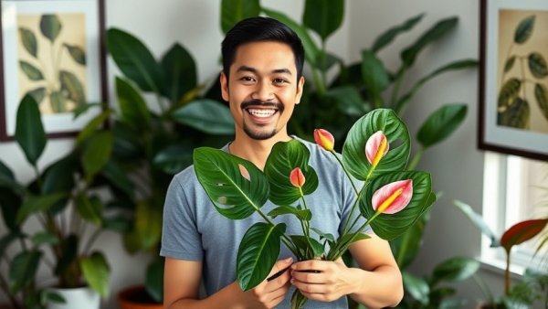 Anthurium propagation demonstration in indoor plant setup.