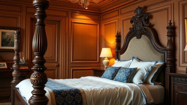 Elegant bedroom decor with warm lighting and classic touches.