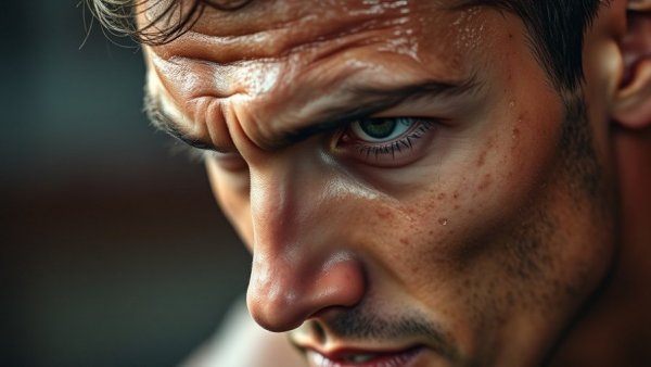 Athlete's mental resilience and consistency captured in intense, focused expression.