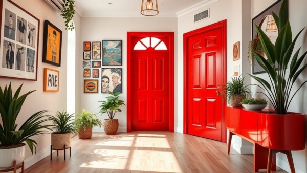 Vibrant entryway with colorful decor and artistic gallery, highlighting entryway decorating ideas.