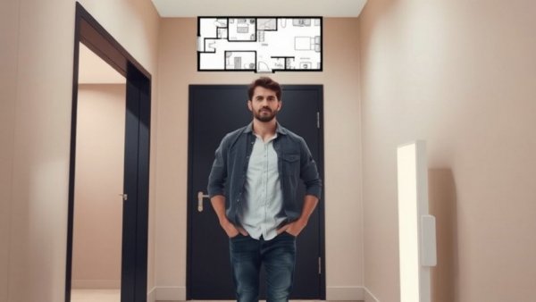 Man entering a room with a floor plan on wall, perfect man cave home inspiration.