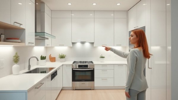 Modern kitchen renovation elements highlighted by woman pointing.