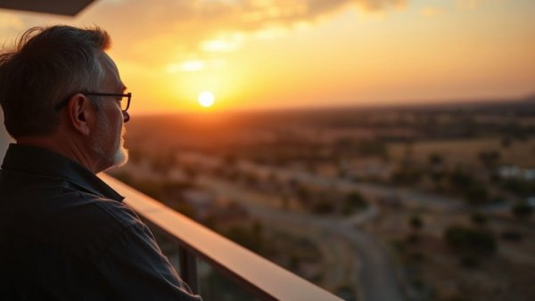 Contemplative man enjoying sunset view, retiring in Thailand.