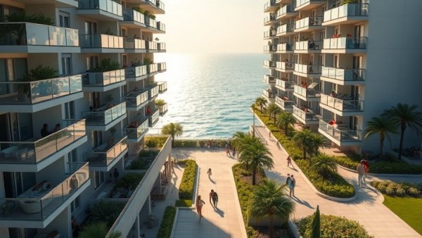 Modern apartments by the sea, highlighting AI in construction.