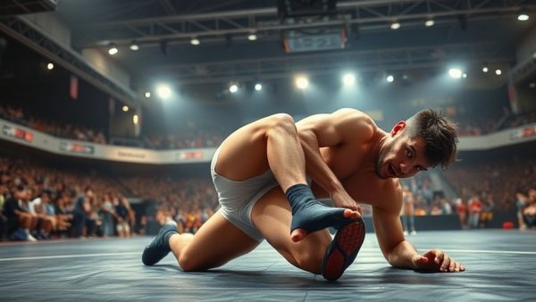 Intense wrestling match showcasing big moves in sports.