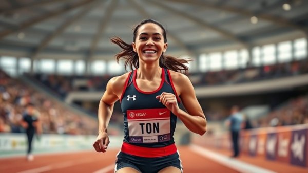 Femke Bol smiling confidently as she crosses the finish line.