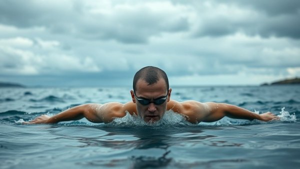 Determined swimmer in open water practicing freestyle, swimming open water frequency.